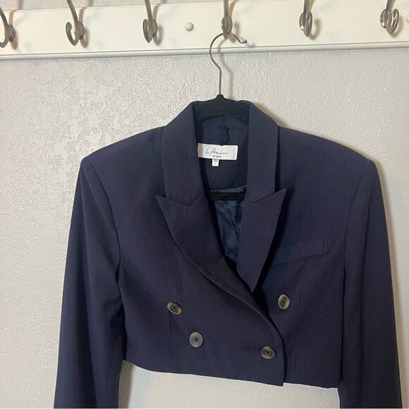 Revolve L’academie Aven Cropped Blazer in Navy Stripe - Picture 3 of 7